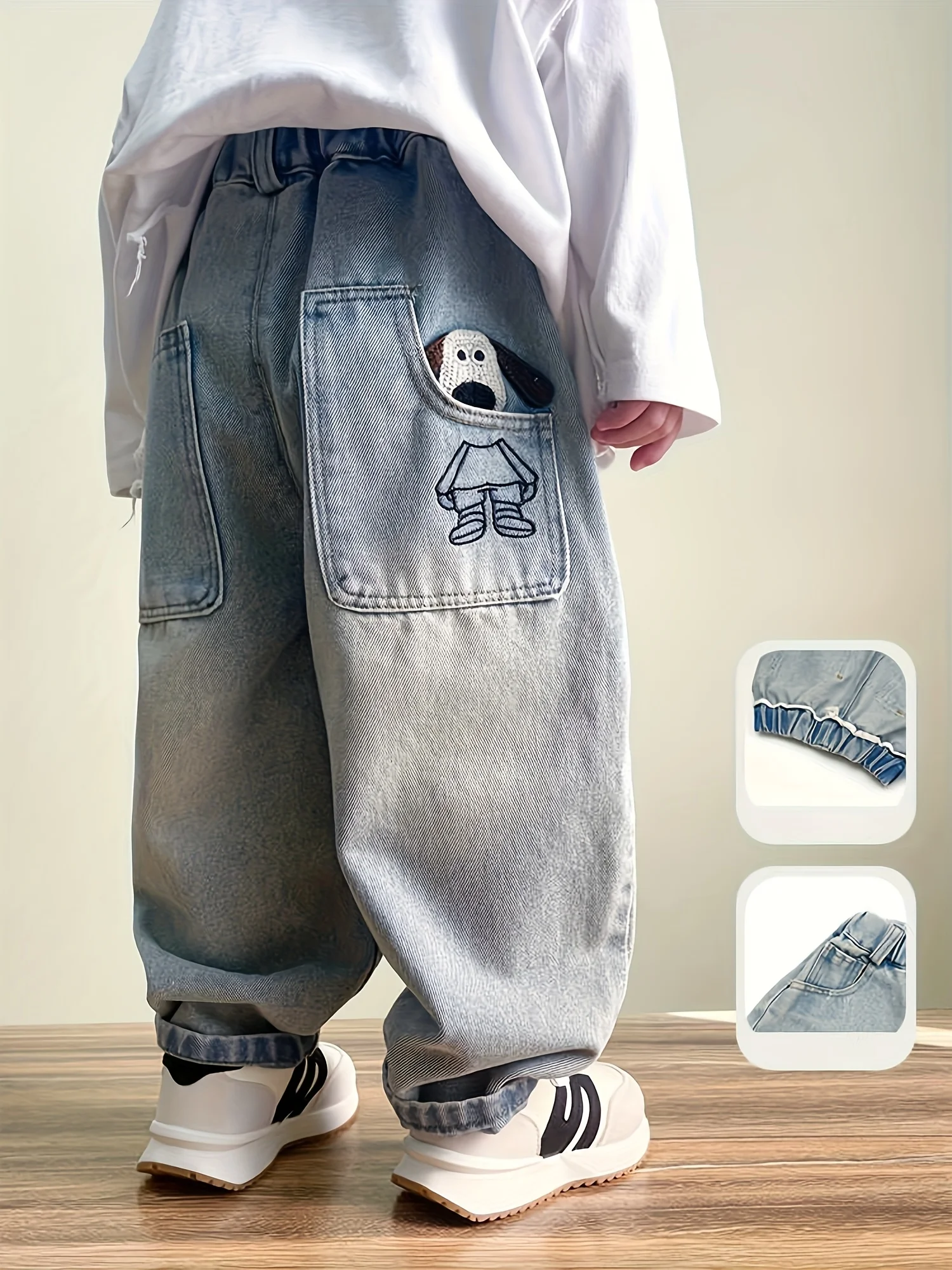 Boys' Denim Long Pants, Boys' Denim Pants with Dog Pattern Embroidery, Boys' Casual Pants for Going Out. Full Elastic Waistband