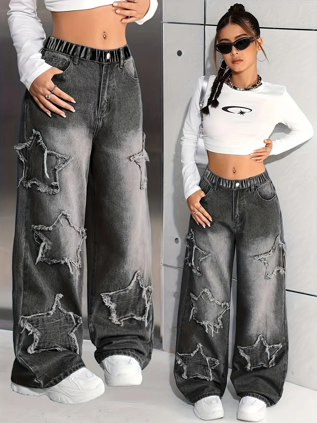 Girl's Y2K street cool style five-star patch pattern denim straight-leg pants, all-season and winter long pants