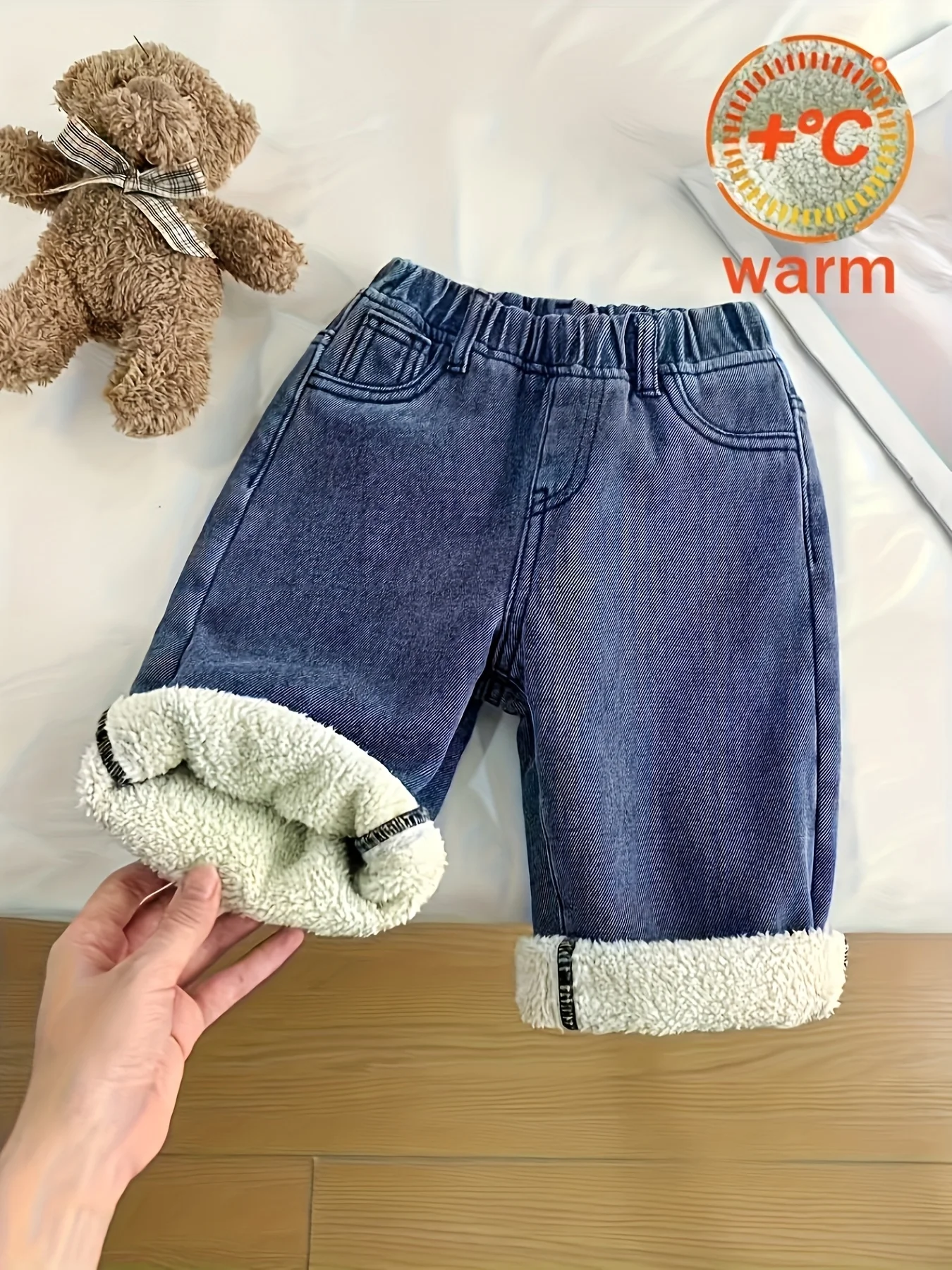 Girls' warm denim pants, thick pants for autumn and winter seasons, elastic and stretchable waistband, loose and comfortable fit
